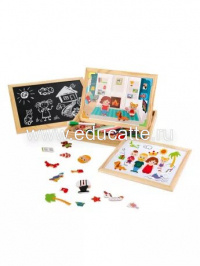 Бизи-чемоданчик "Дружная семья": доска для рисования, меловая доска, фигурки на магнитах, 2 игровых фона, инструкция с готовыми играми